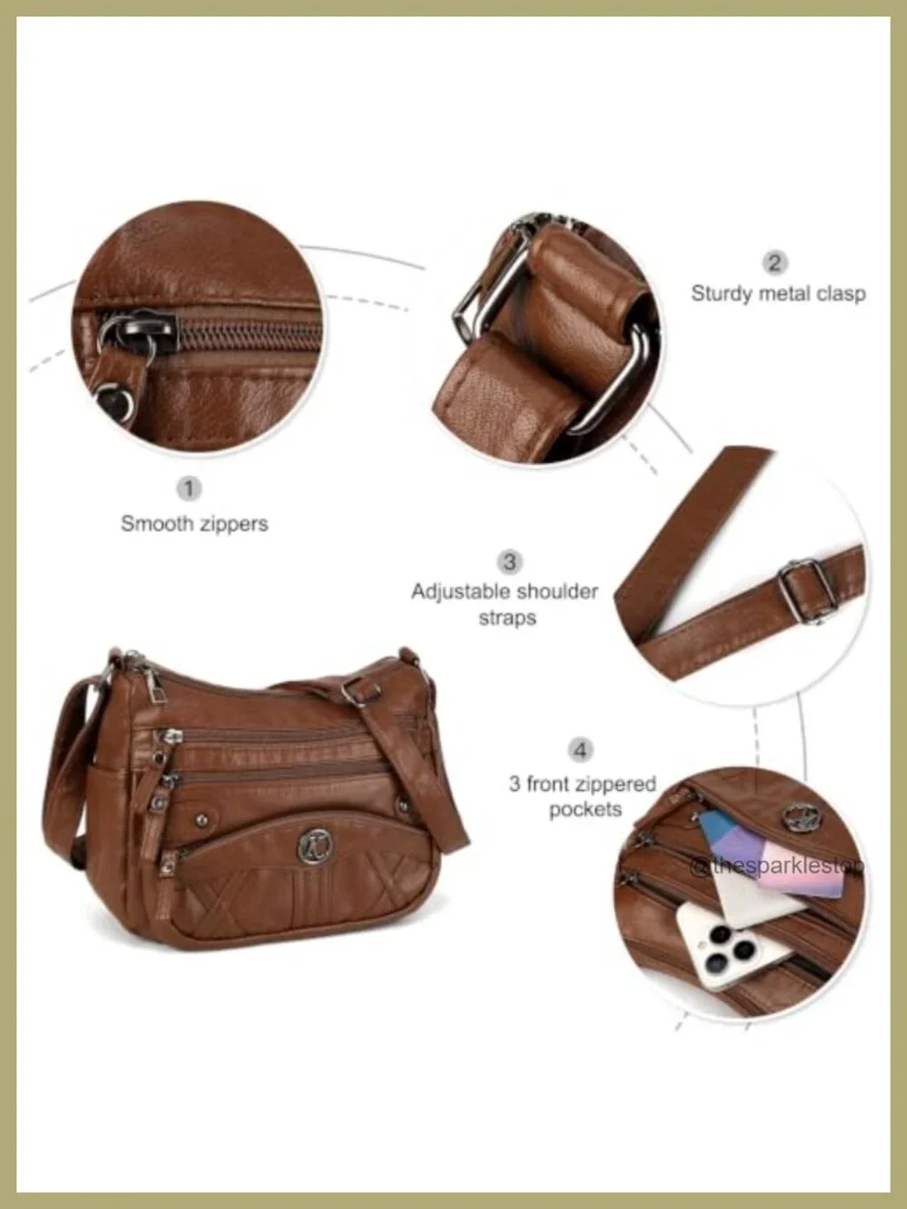 Soft Faux Leather Crossbody Bag Multi Zipper Pockets Wide Strap Purse